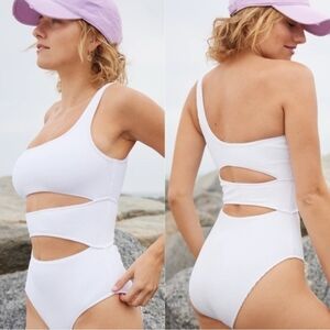 Aerie White 3 Strap Shoulder Top Textured One-Piece Swimsuit